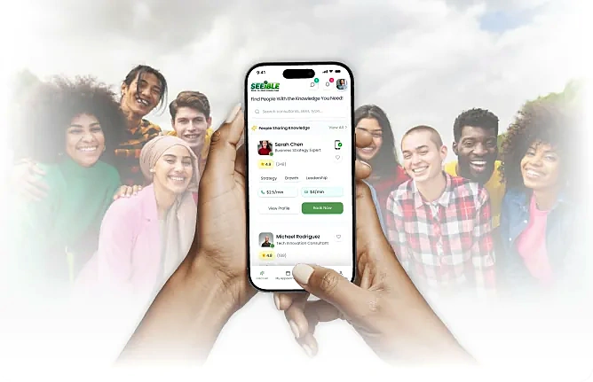 Diverse group of people smiling while a hand holds a phone showing the Seeible app