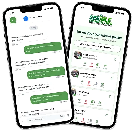 Seeible chat screen and consultant profile setup screen
