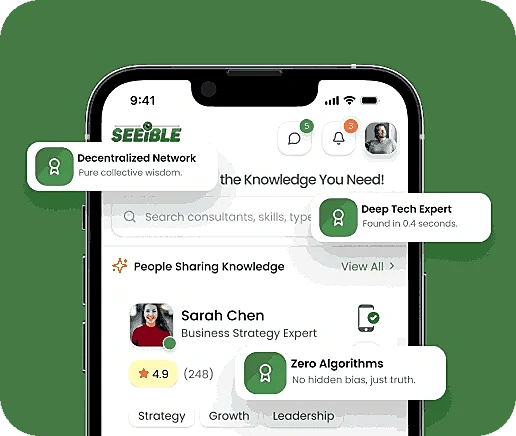 Seeible search screen with decentralized network, deep tech expert and zero algorithms badges