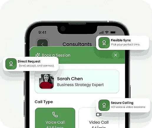 Seeible book a session screen with voice and video call options