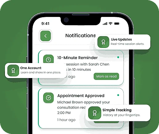 Seeible notifications screen with reminders and approved appointments