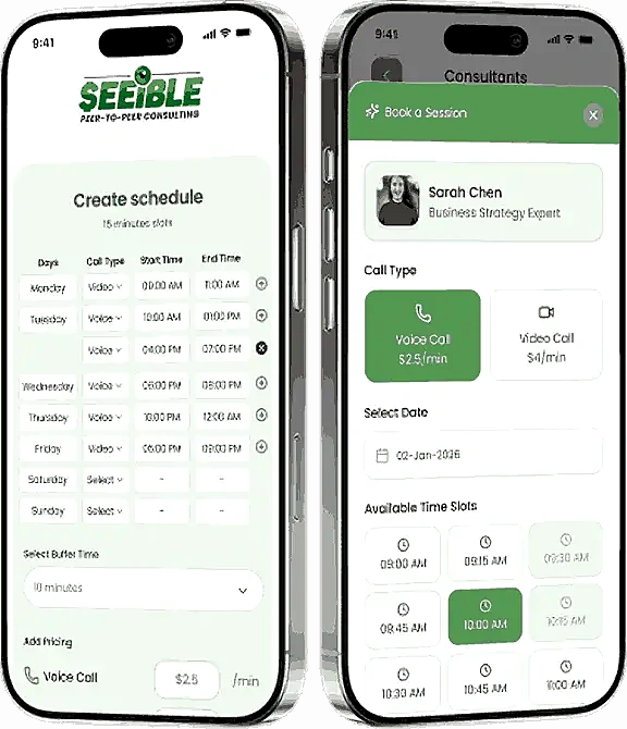 Seeible create schedule and book a session screens