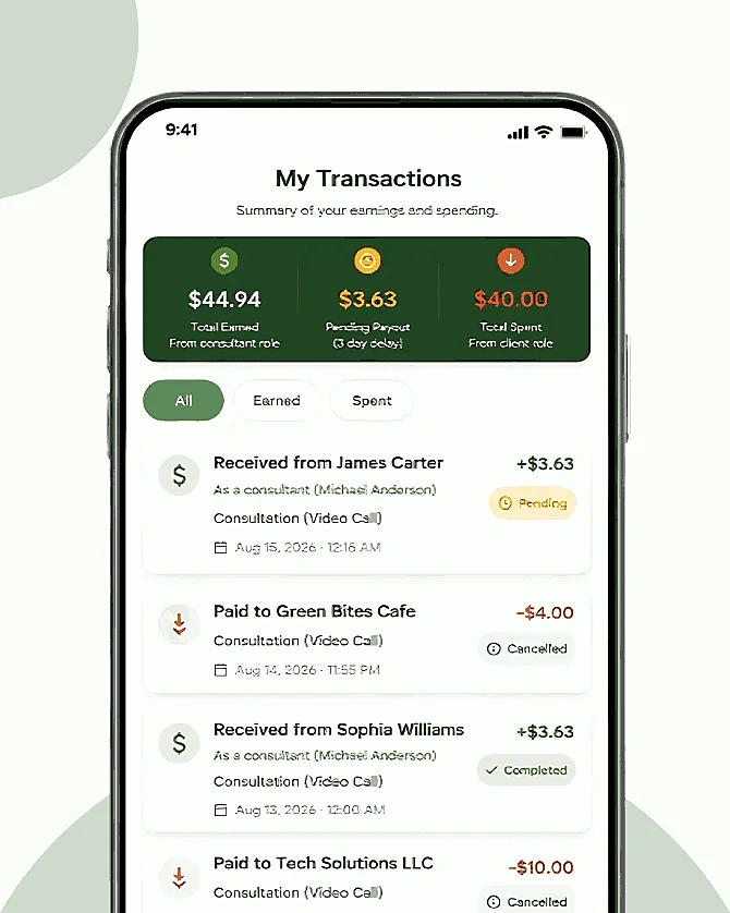 Seeible My Transactions screen showing consultant earnings