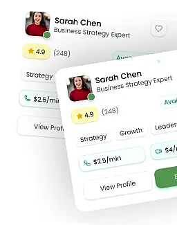 Consultant profile cards with ratings and per-minute pricing